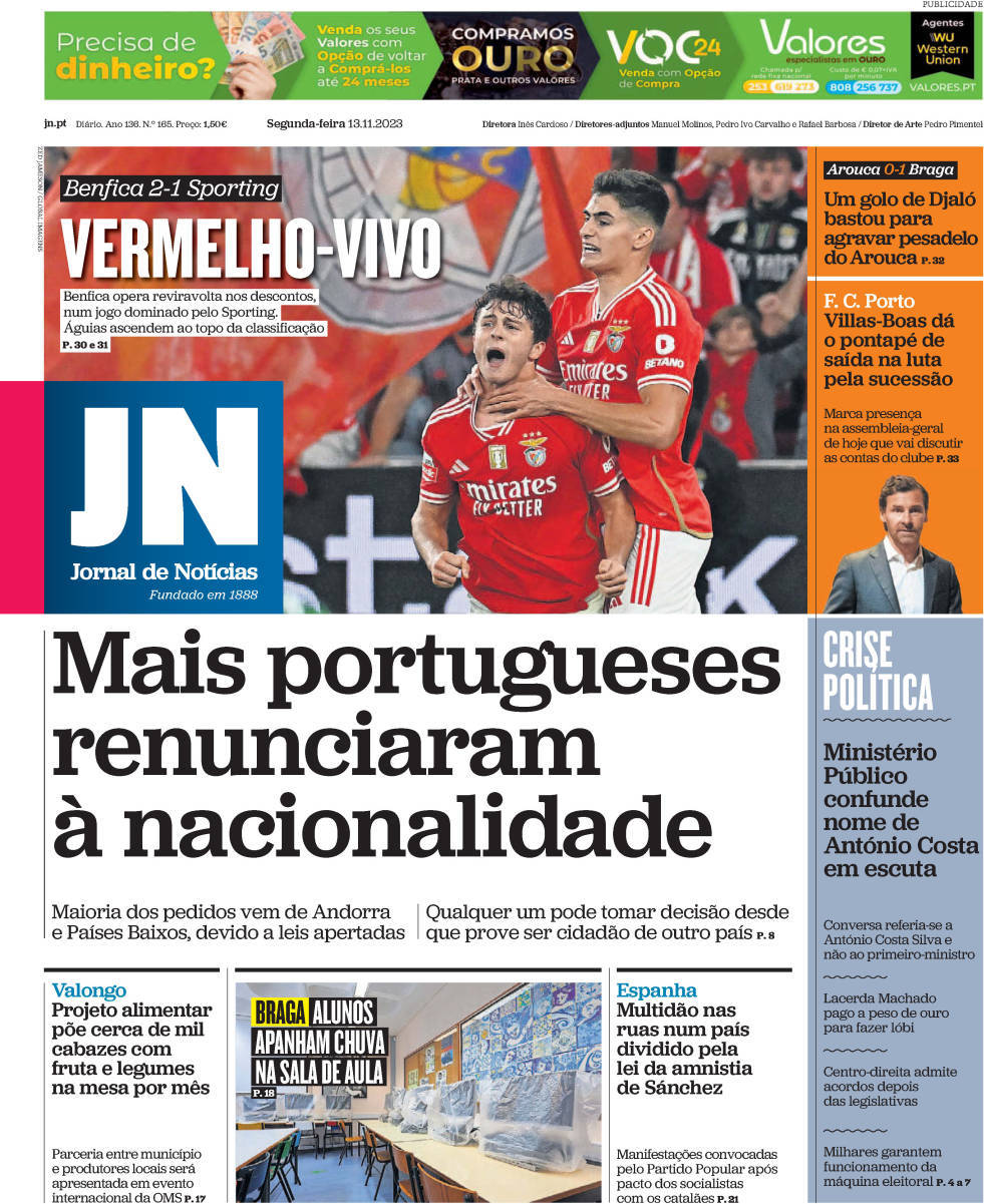 Jornal de Not&iacute;cias: Capa da Edi&ccedil;&atilde;o de segunda-feira, 13 de novembro 2023