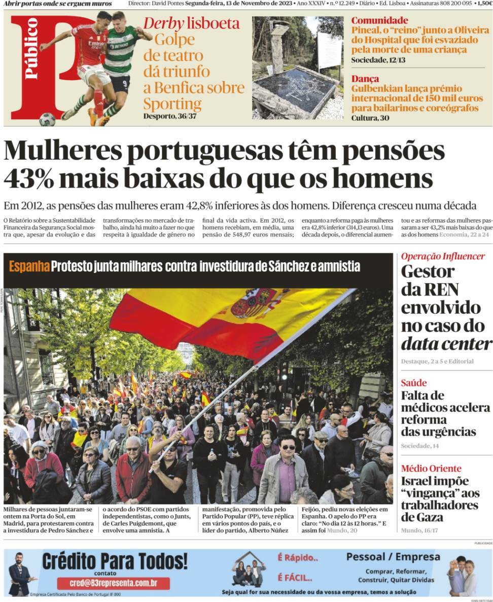 P&uacute;blico: Capa da Edi&ccedil;&atilde;o de segunda-feira, 13 de novembro 2023