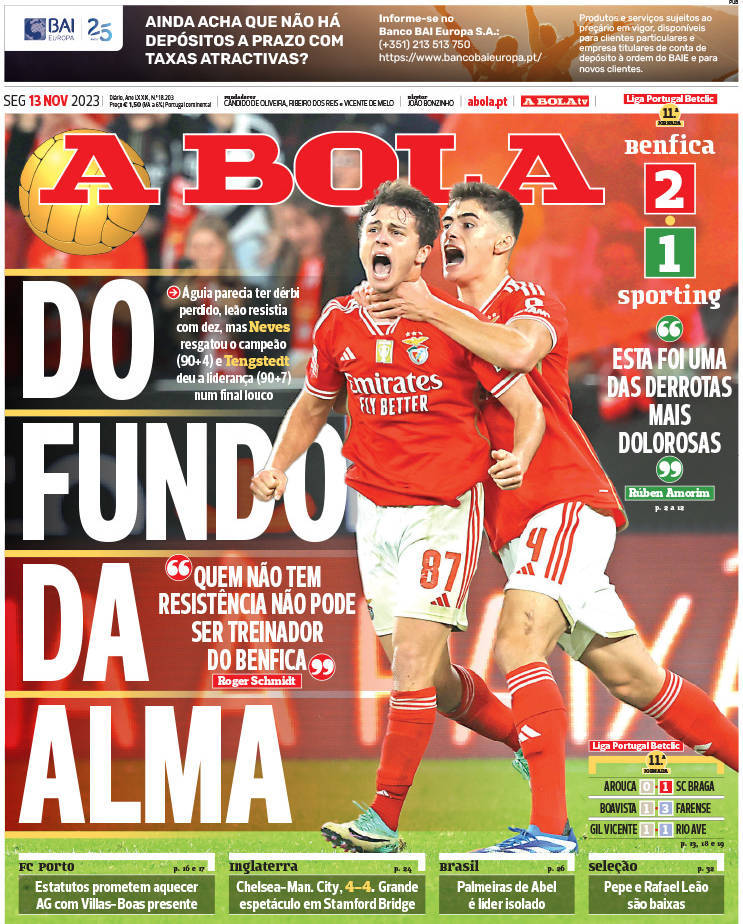 A Bola: Capa da Edi&ccedil;&atilde;o de segunda-feira, 13 de novembro 2023