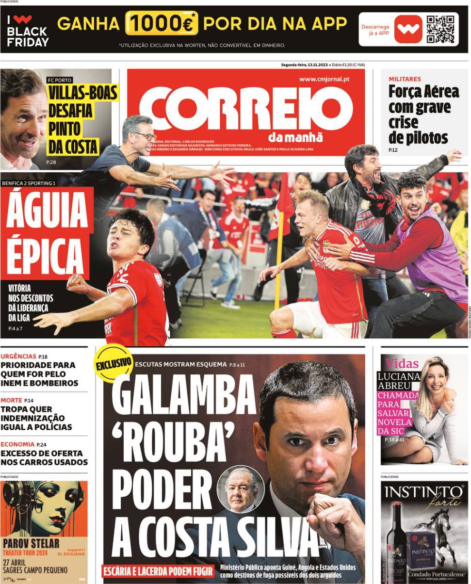 Correio da Manh&atilde;: Capa da Edi&ccedil;&atilde;o de segunda-feira, 13 de novembro 2023