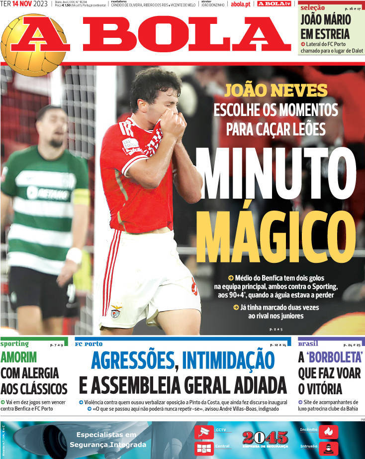 A Bola: Capa da Edi&ccedil;&atilde;o de ter&ccedil;a-feira, 14 de novembro 2023