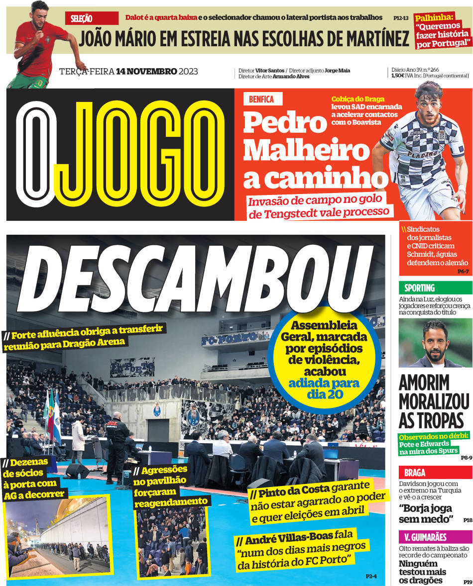 O Jogo: Capa da Edi&ccedil;&atilde;o de ter&ccedil;a-feira, 14 de novembro 2023
