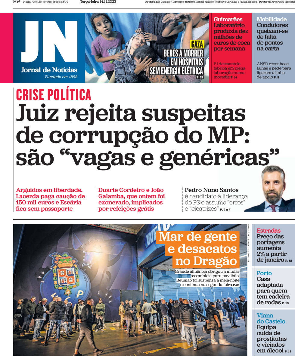 Jornal de Not&iacute;cias: Capa da Edi&ccedil;&atilde;o de ter&ccedil;a-feira, 14 de novembro 2023