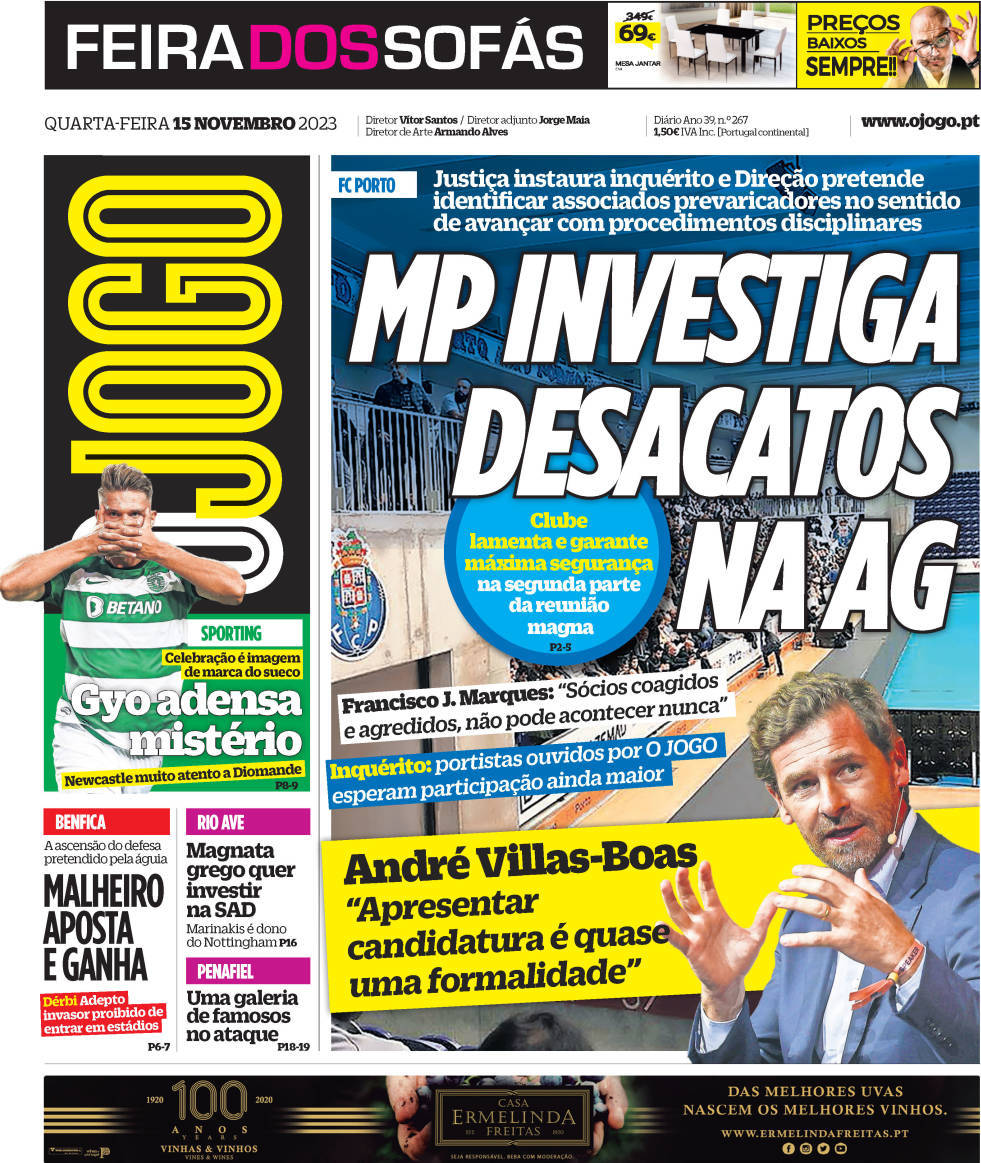 O Jogo: Capa da Edi&ccedil;&atilde;o de quarta-feira, 15 de novembro 2023