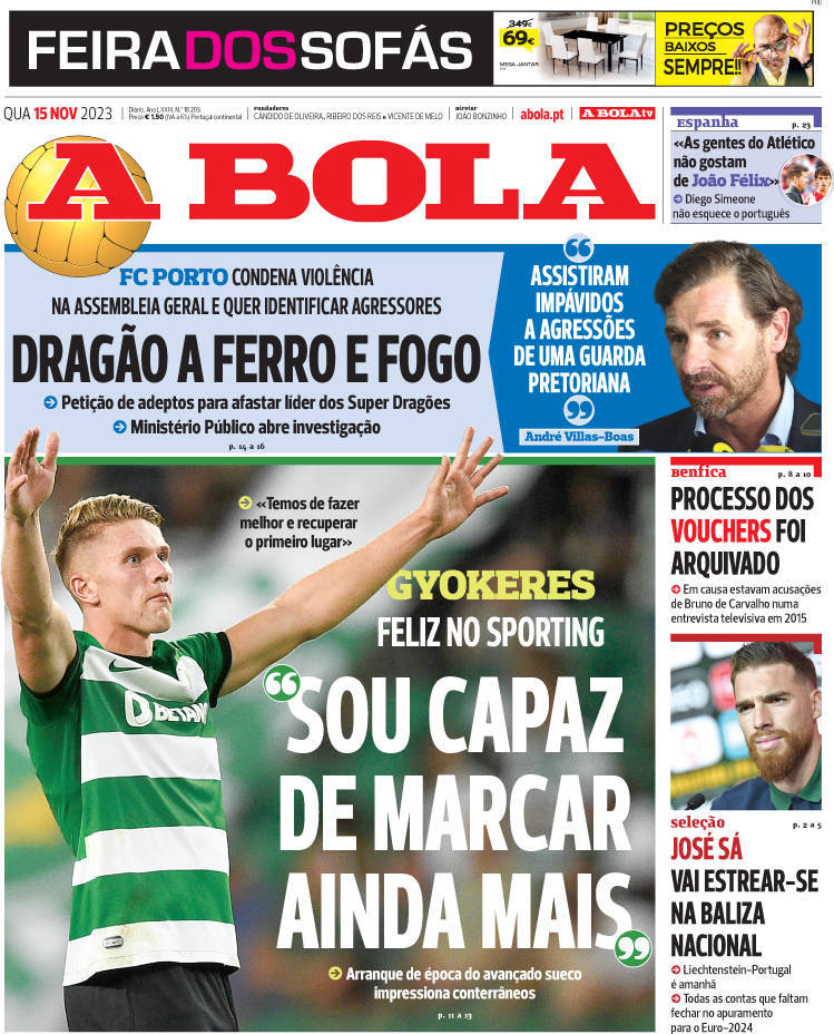 A Bola: Capa da Edi&ccedil;&atilde;o de quarta-feira, 15 de novembro 2023