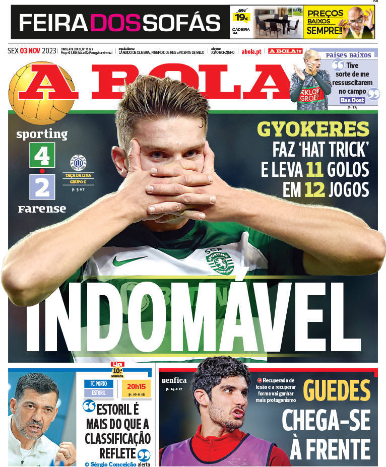 A Bola: Capa da Edi&ccedil;&atilde;o de sexta-feira, 03 de novembro 2023