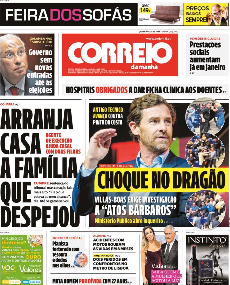 Correio da Manh&atilde;: Capa da Edi&ccedil;&atilde;o de quarta-feira, 15 de novembro 2023