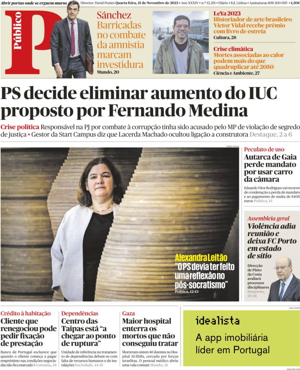 P&uacute;blico: Capa da Edi&ccedil;&atilde;o de quarta-feira, 15 de novembro 2023