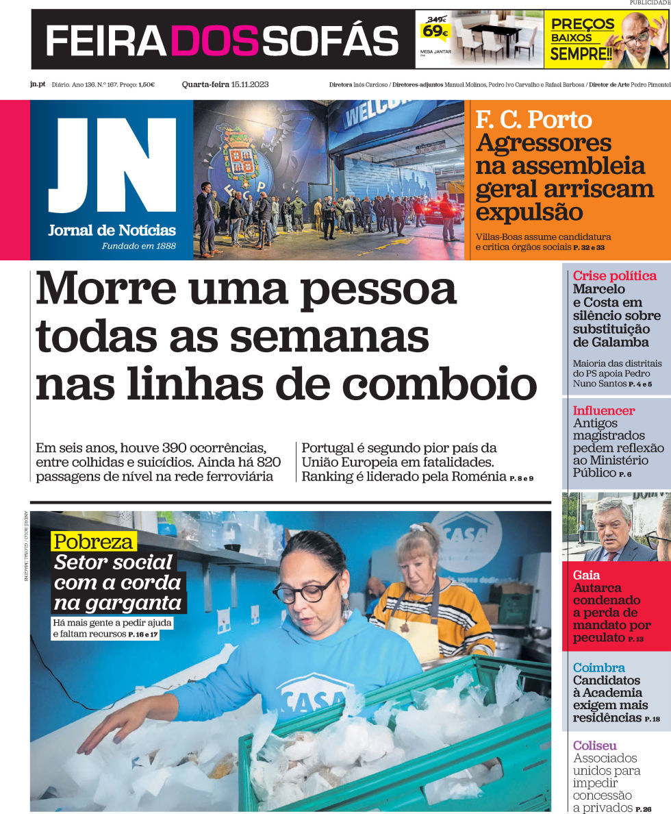 Jornal de Not&iacute;cias: Capa da Edi&ccedil;&atilde;o de quarta-feira, 15 de novembro 2023