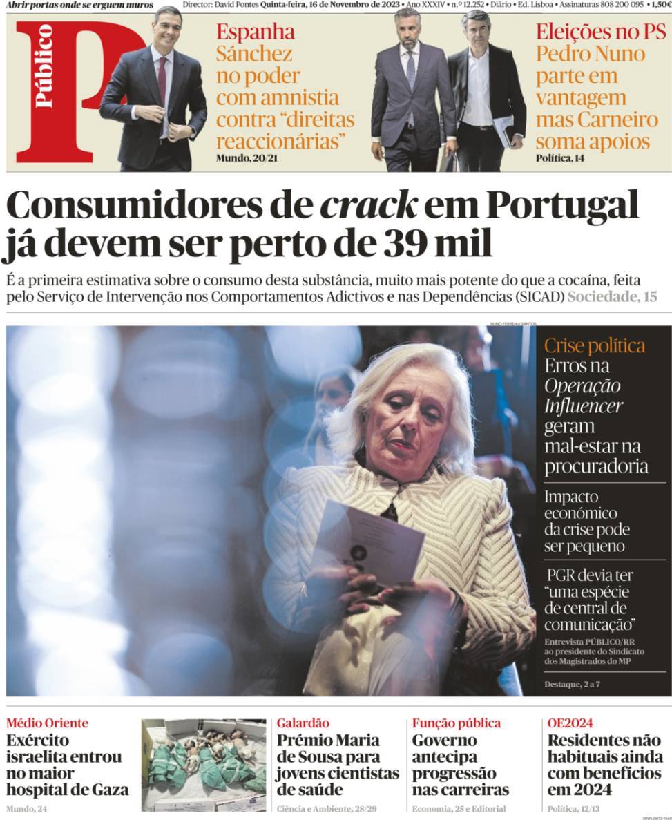 P&uacute;blico: Capa da Edi&ccedil;&atilde;o de quinta-feira, 16 de novembro 2023