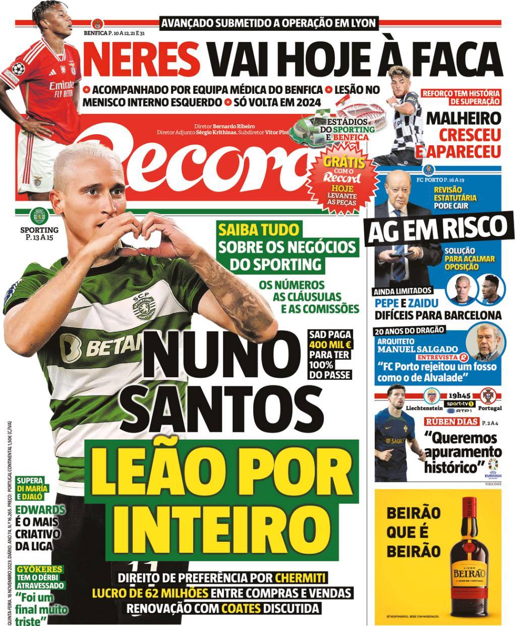 Record: Capa da Edi&ccedil;&atilde;o de quinta-feira, 16 de novembro 2023