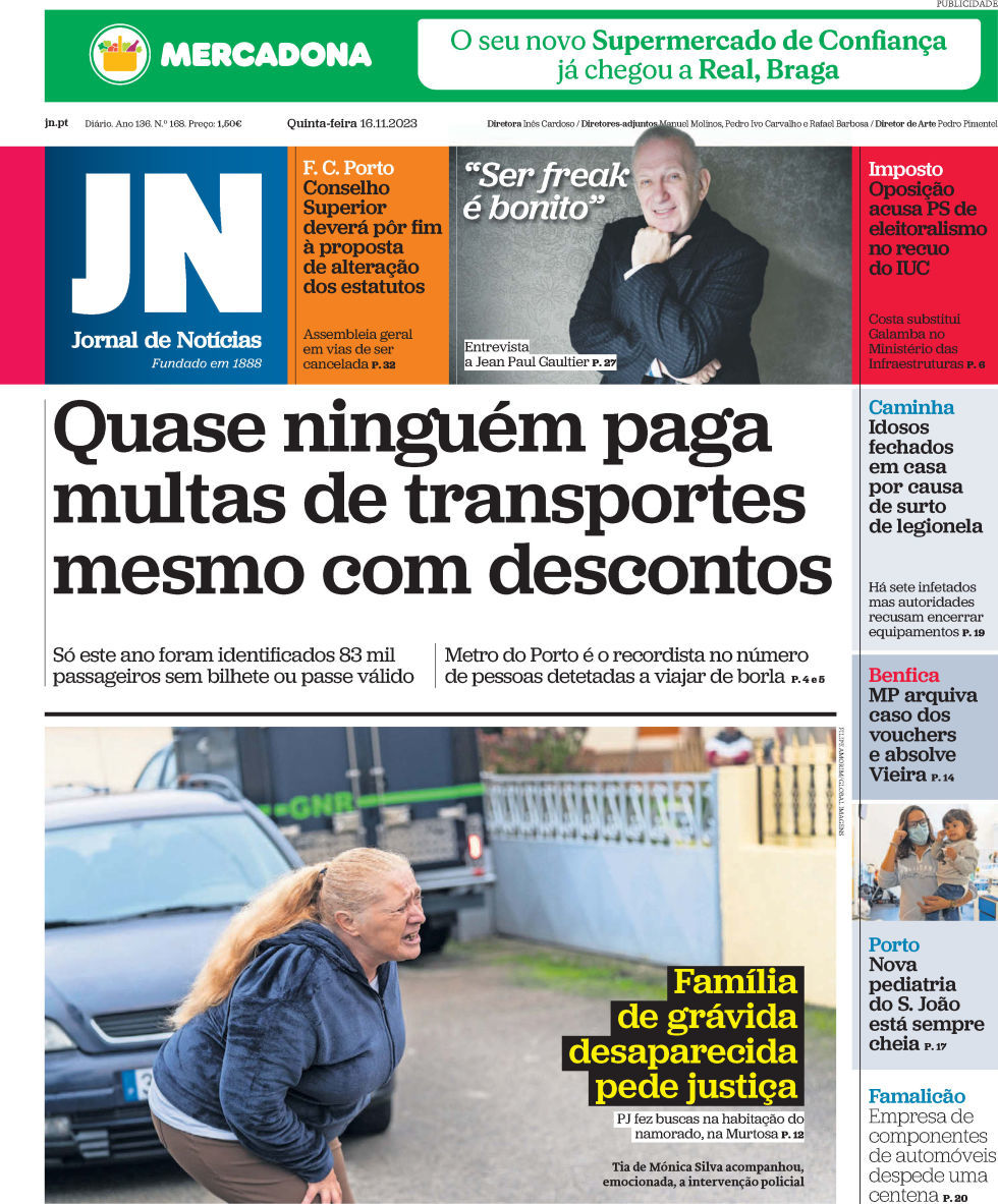 Jornal de Not&iacute;cias: Capa da Edi&ccedil;&atilde;o de quinta-feira, 16 de novembro 2023