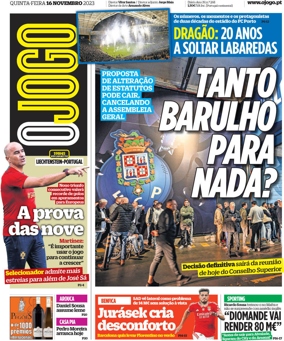 O Jogo: Capa da Edi&ccedil;&atilde;o de quinta-feira, 16 de novembro 2023