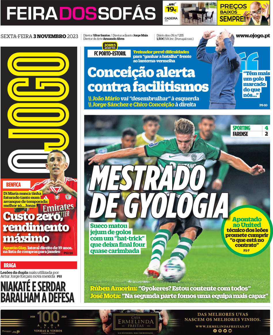 O Jogo: Capa da Edi&ccedil;&atilde;o de sexta-feira, 03 de novembro 2023