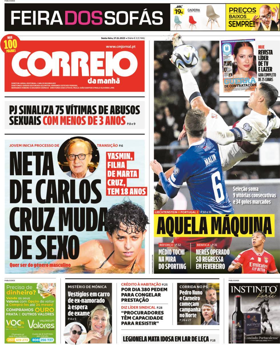 Correio da Manh&atilde;: Capa da Edi&ccedil;&atilde;o de sexta-feira, 17 de novembro 2023