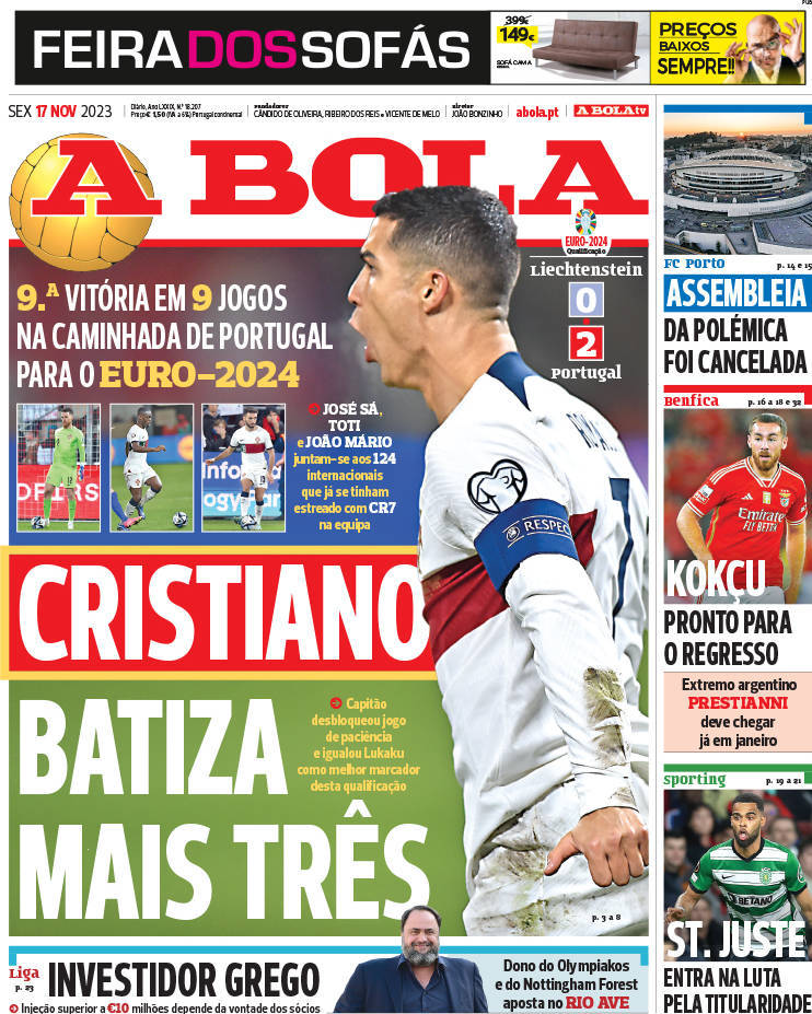 A Bola: Capa da Edi&ccedil;&atilde;o de sexta-feira, 17 de novembro 2023
