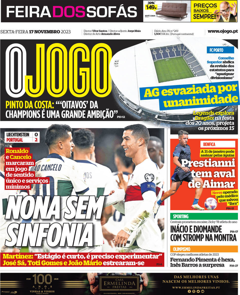 O Jogo: Capa da Edi&ccedil;&atilde;o de sexta-feira, 17 de novembro 2023