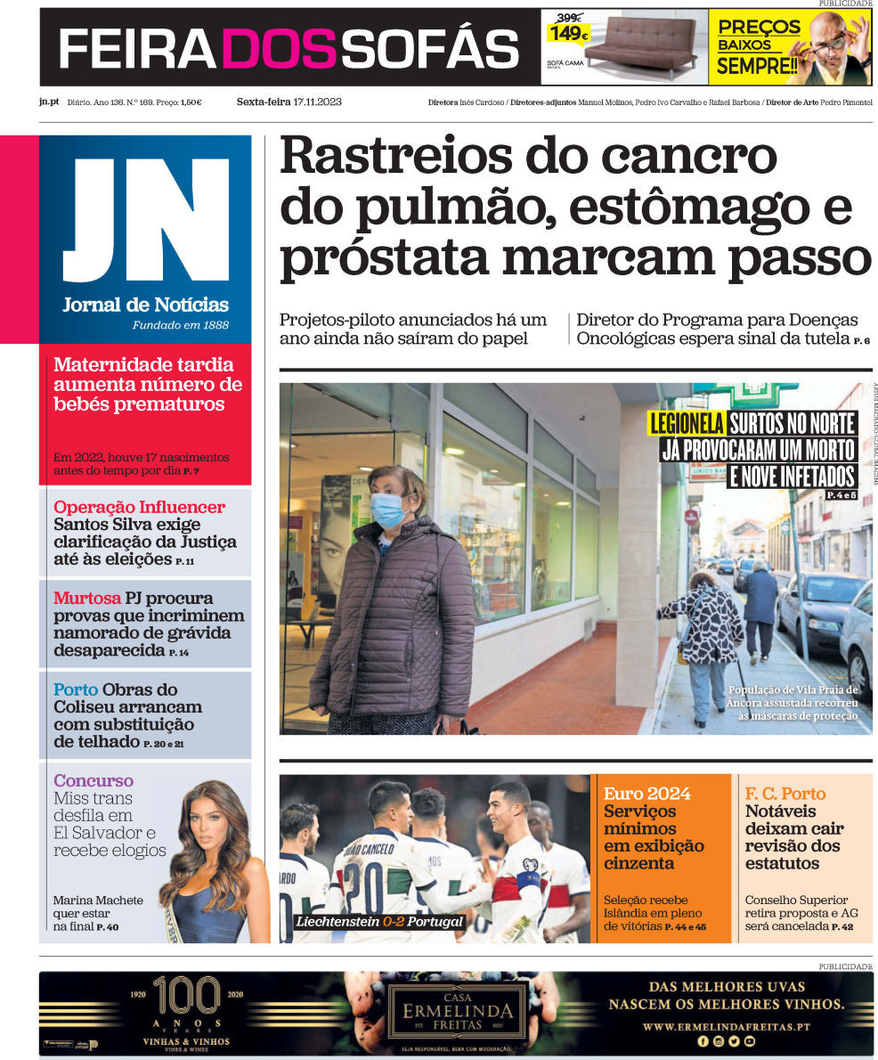 Jornal de Not&iacute;cias: Capa da Edi&ccedil;&atilde;o de sexta-feira, 17 de novembro 2023