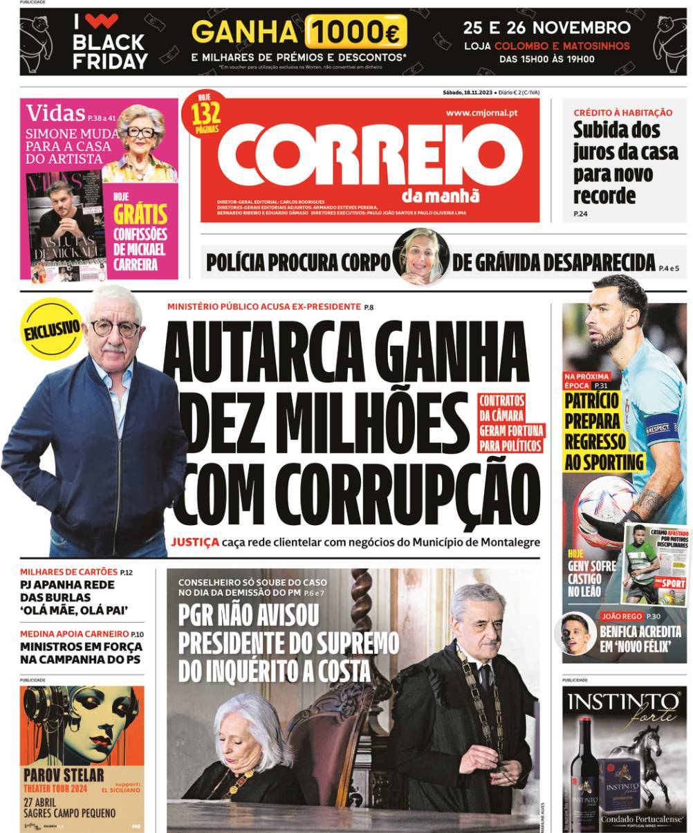 Correio da Manh&atilde;: Capa da Edi&ccedil;&atilde;o de s&aacute;bado, 18 de novembro 2023