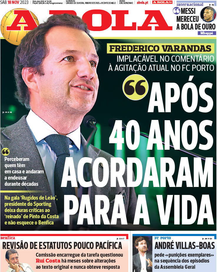 A Bola: Capa da Edi&ccedil;&atilde;o de s&aacute;bado, 18 de novembro 2023