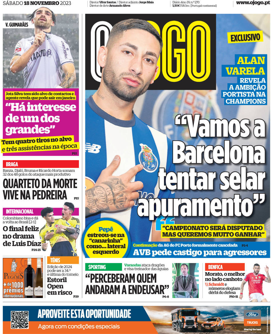 O Jogo: Capa da Edi&ccedil;&atilde;o de s&aacute;bado, 18 de novembro 2023