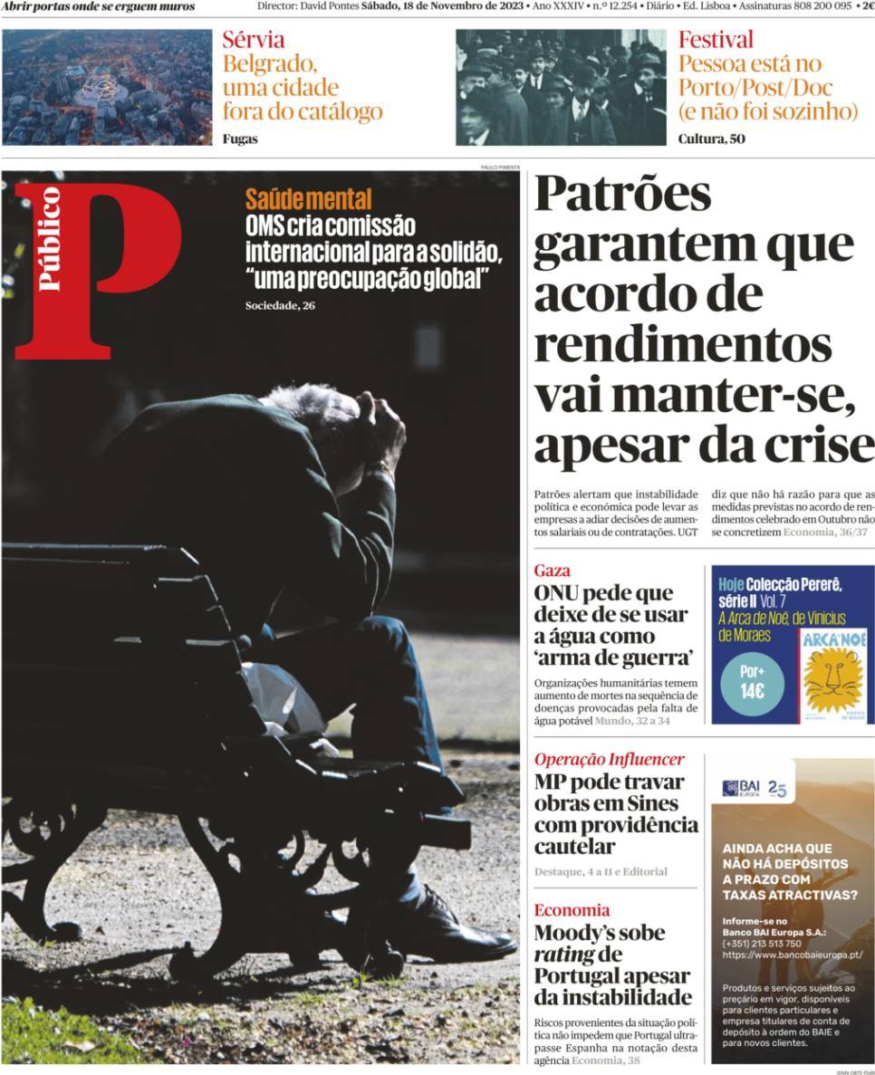 P&uacute;blico: Capa da Edi&ccedil;&atilde;o de s&aacute;bado, 18 de novembro 2023