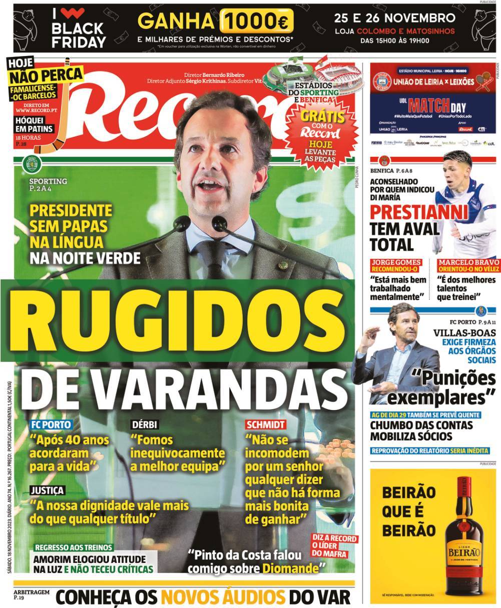 Record: Capa da Edi&ccedil;&atilde;o de s&aacute;bado, 18 de novembro 2023