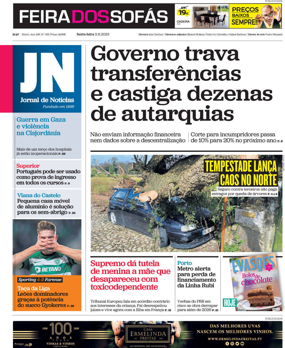Jornal de Not&iacute;cias: Capa da Edi&ccedil;&atilde;o de sexta-feira, 03 de novembro 2023