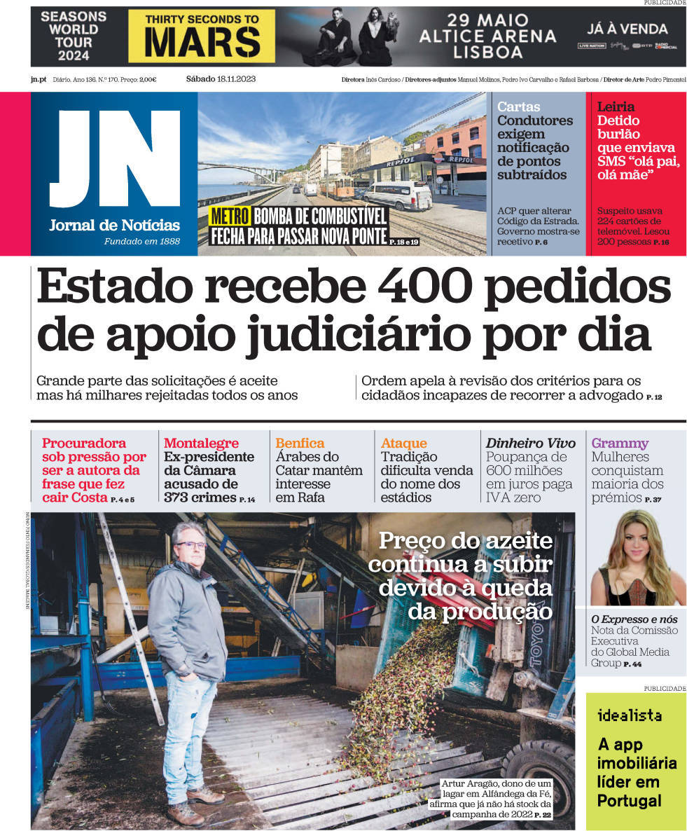Jornal de Not&iacute;cias: Capa da Edi&ccedil;&atilde;o de s&aacute;bado, 18 de novembro 2023