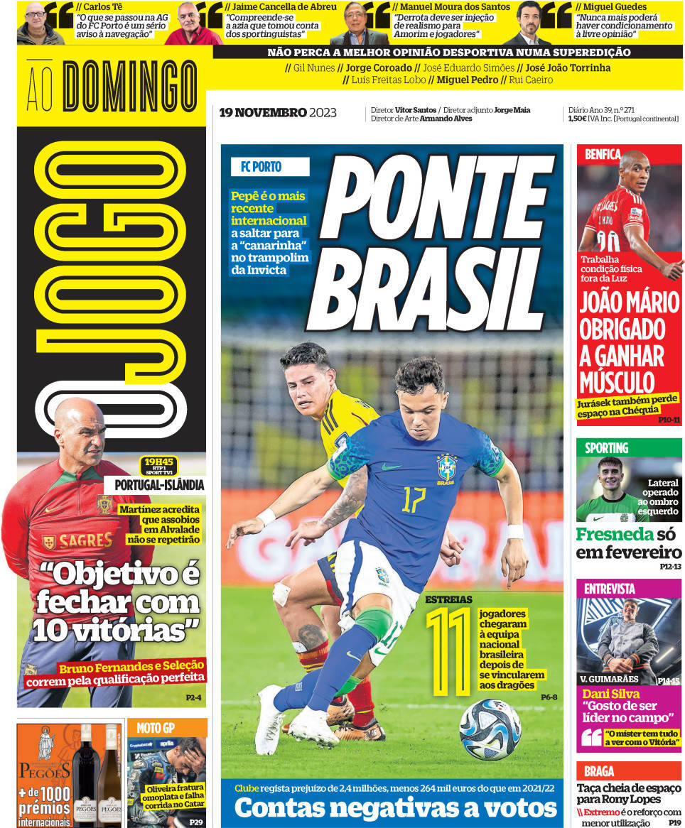O Jogo: Capa da Edi&ccedil;&atilde;o de domingo, 19 de novembro 2023