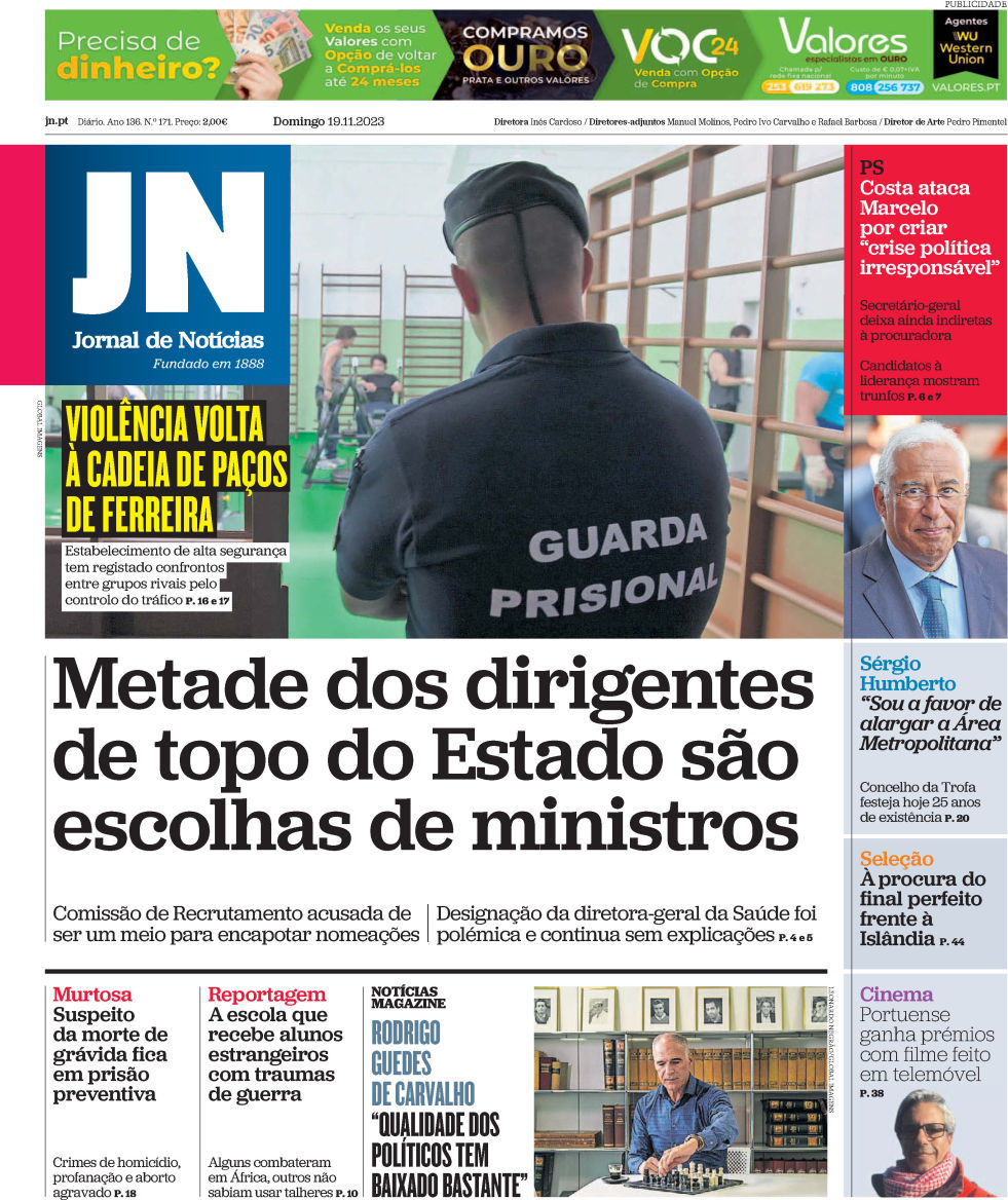 Jornal de Not&iacute;cias: Capa da Edi&ccedil;&atilde;o de domingo, 19 de novembro 2023