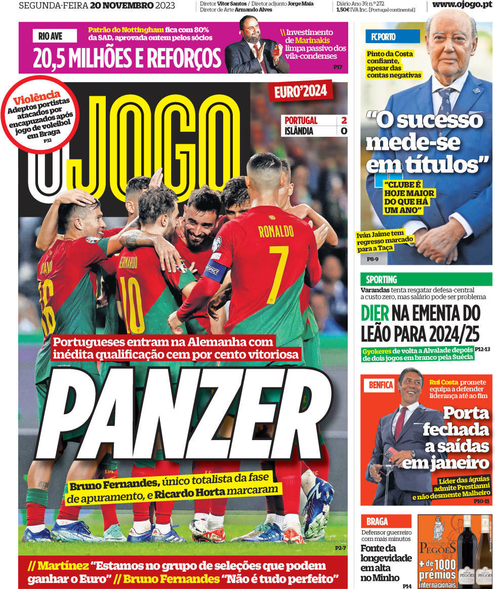 O Jogo: Capa da Edi&ccedil;&atilde;o de segunda-feira, 20 de novembro 2023