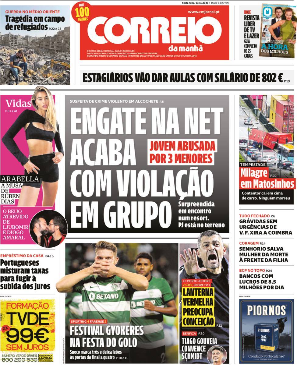 Correio da Manh&atilde;: Capa da Edi&ccedil;&atilde;o de sexta-feira, 03 de novembro 2023