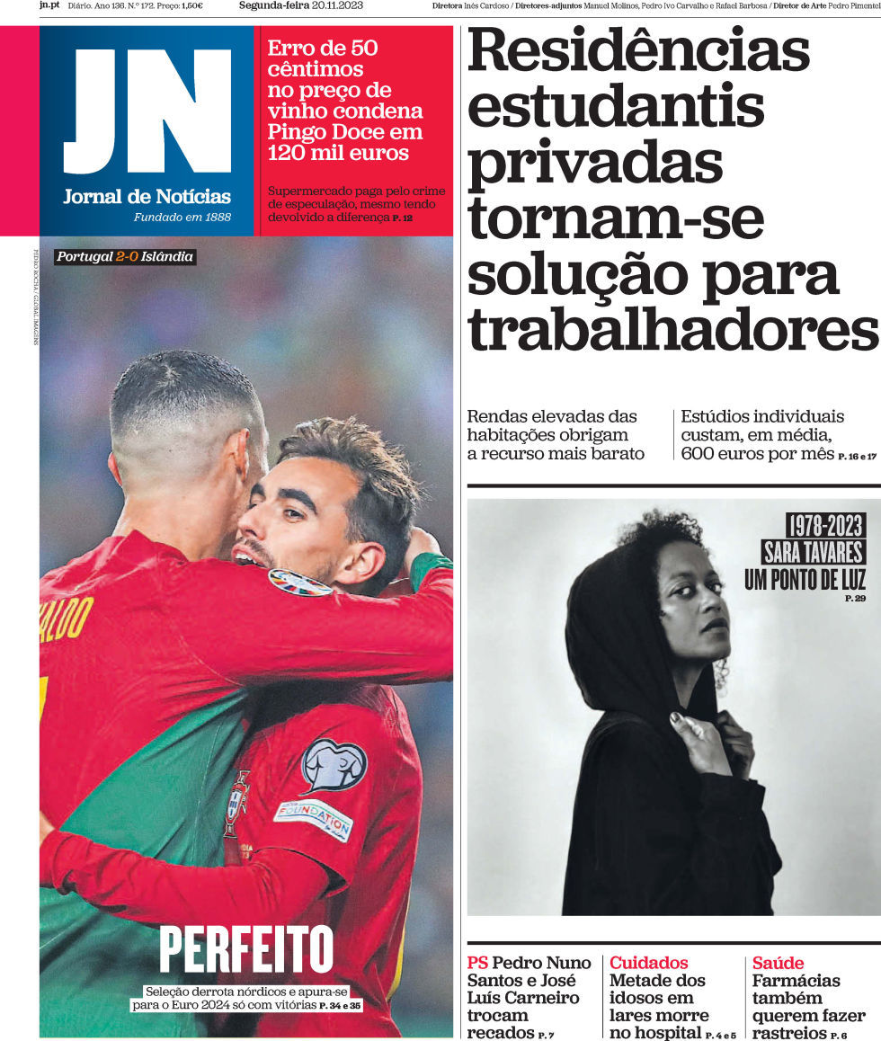 Jornal de Not&iacute;cias: Capa da Edi&ccedil;&atilde;o de segunda-feira, 20 de novembro 2023