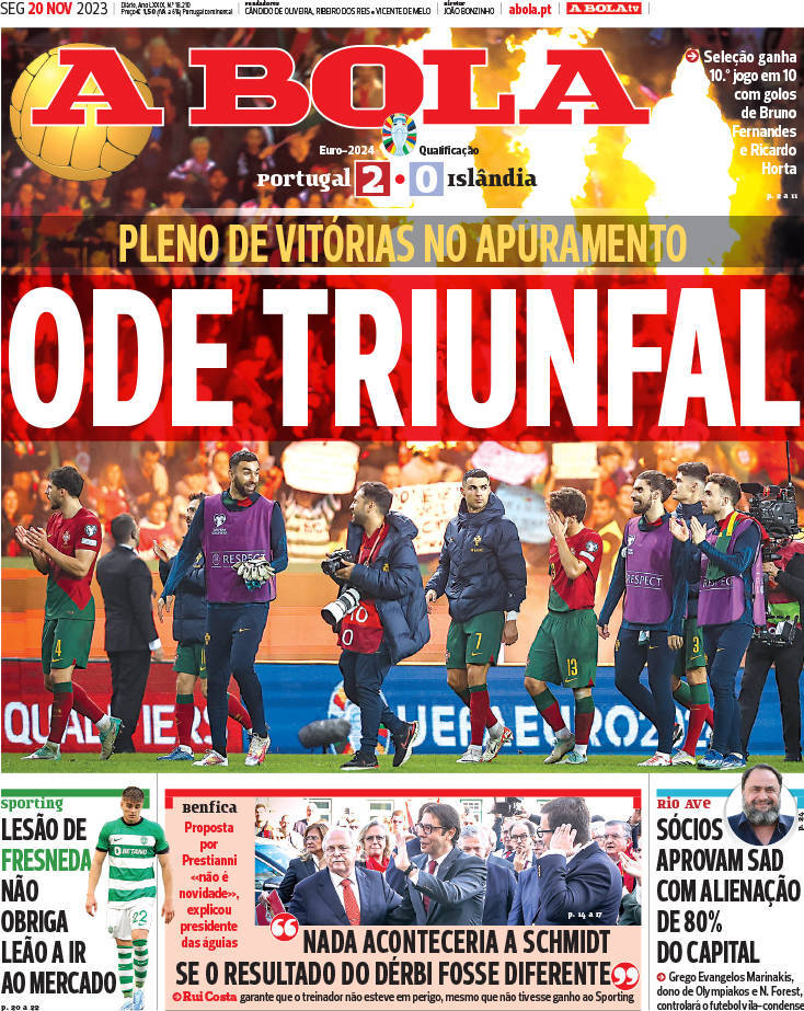 A Bola: Capa da Edi&ccedil;&atilde;o de segunda-feira, 20 de novembro 2023