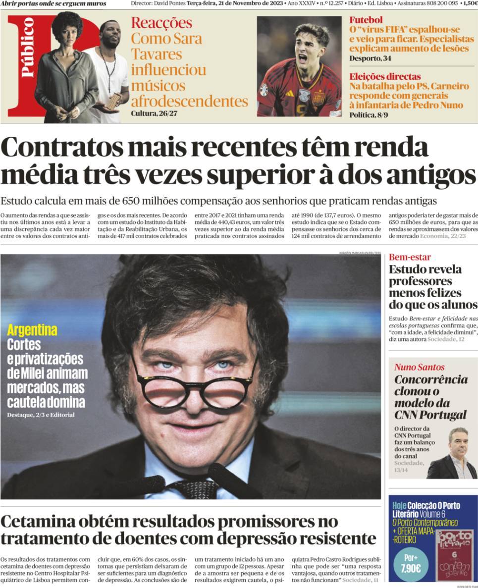 P&uacute;blico: Capa da Edi&ccedil;&atilde;o de ter&ccedil;a-feira, 21 de novembro 2023