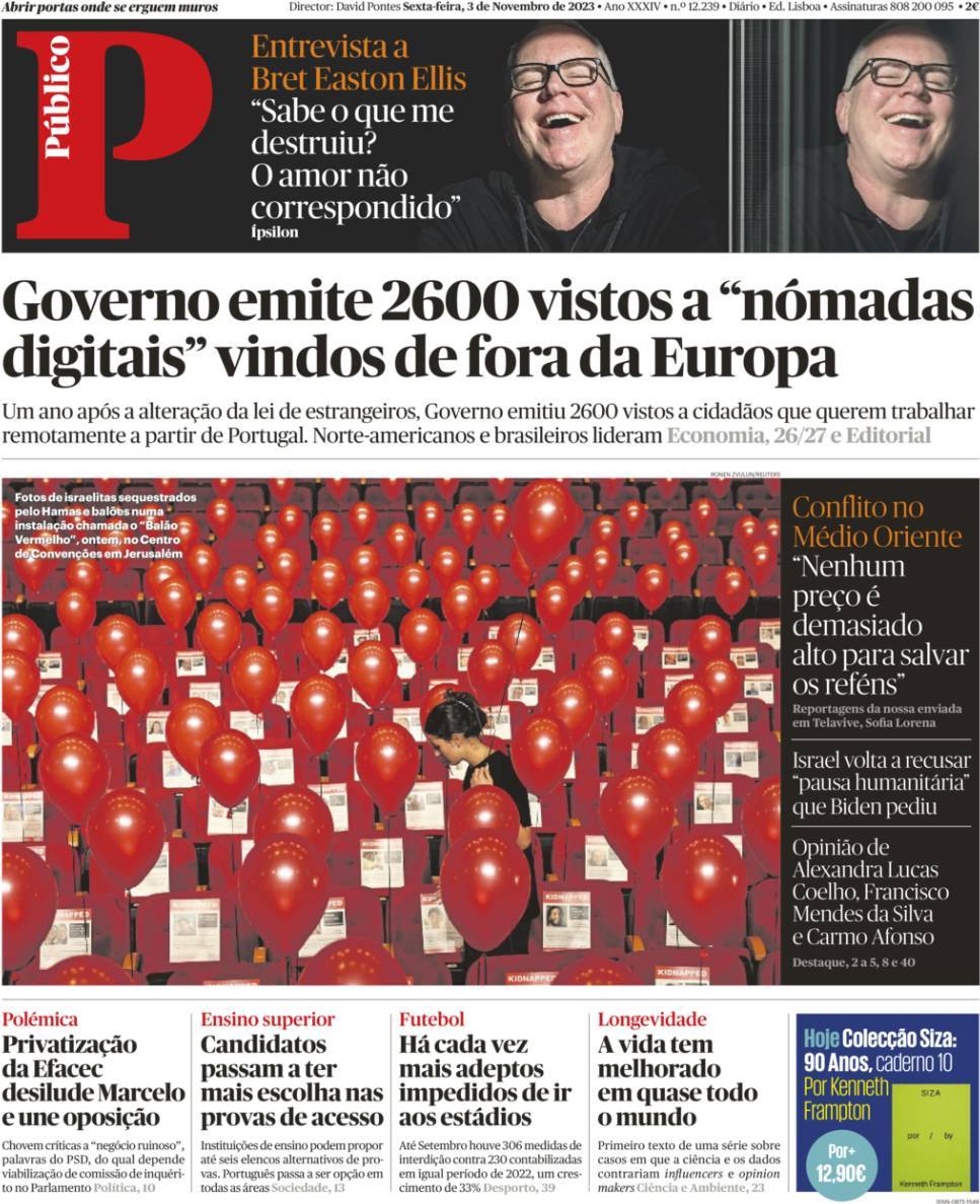 P&uacute;blico: Capa da Edi&ccedil;&atilde;o de sexta-feira, 03 de novembro 2023