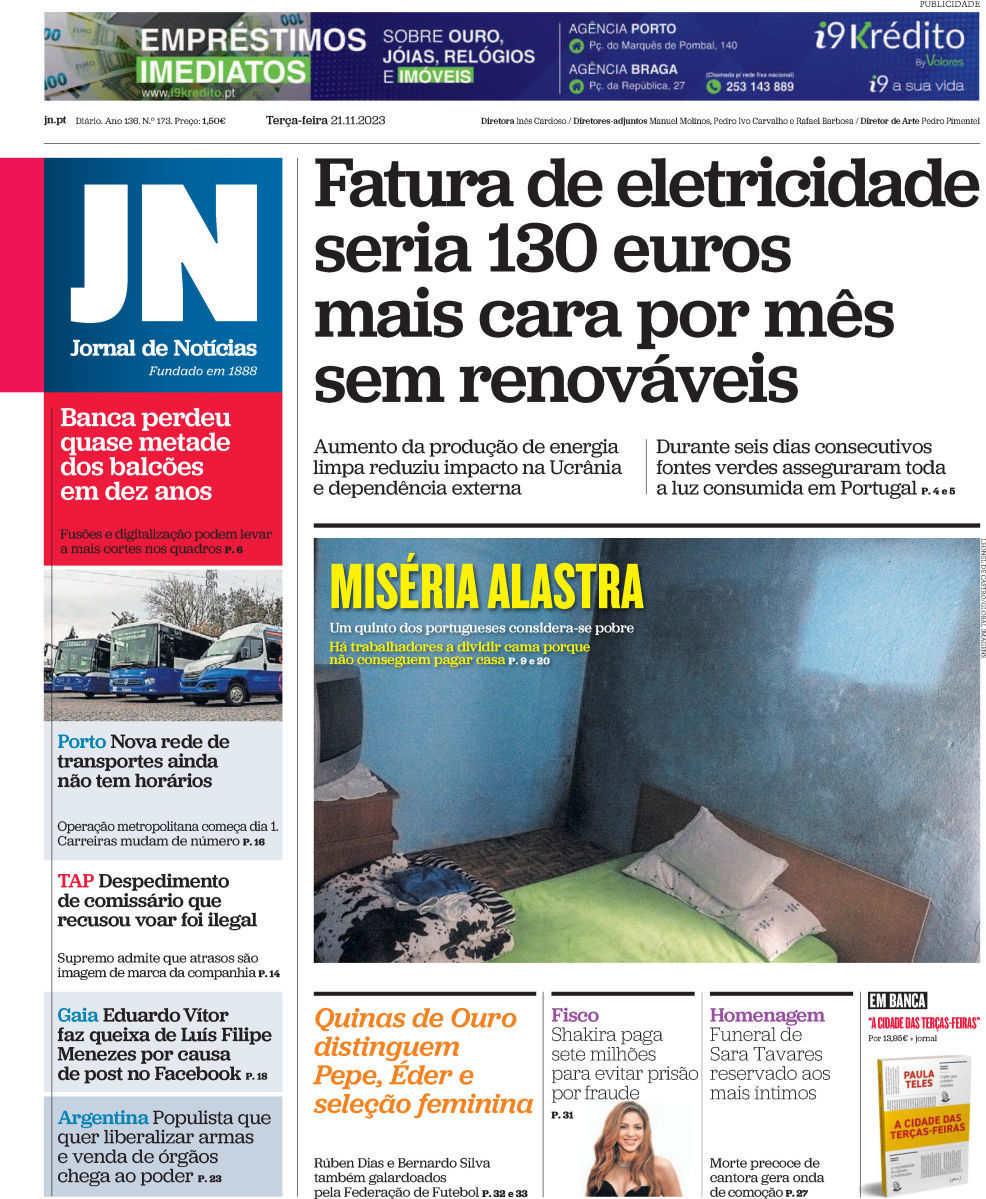Jornal de Not&iacute;cias: Capa da Edi&ccedil;&atilde;o de ter&ccedil;a-feira, 21 de novembro 2023