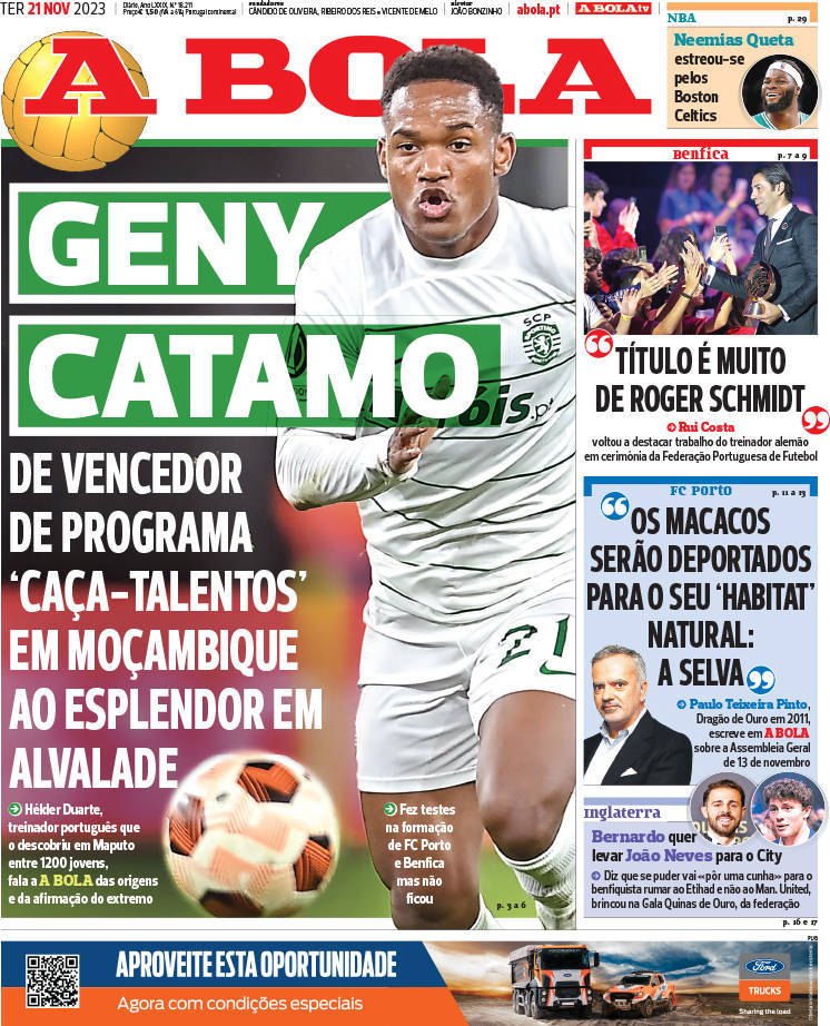 A Bola: Capa da Edi&ccedil;&atilde;o de ter&ccedil;a-feira, 21 de novembro 2023