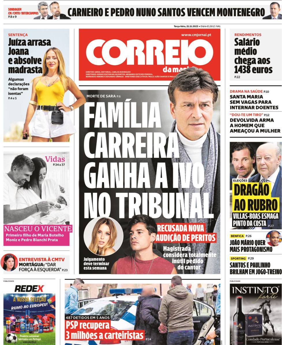 Correio da Manh&atilde;: Capa da Edi&ccedil;&atilde;o de ter&ccedil;a-feira, 21 de novembro 2023