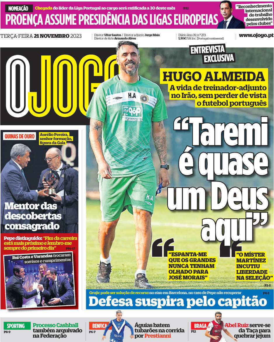 O Jogo: Capa da Edi&ccedil;&atilde;o de ter&ccedil;a-feira, 21 de novembro 2023