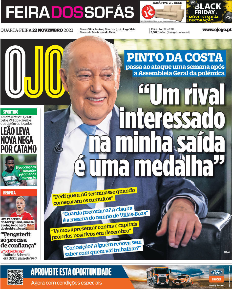 O Jogo: Capa da Edi&ccedil;&atilde;o de quarta-feira, 22 de novembro 2023