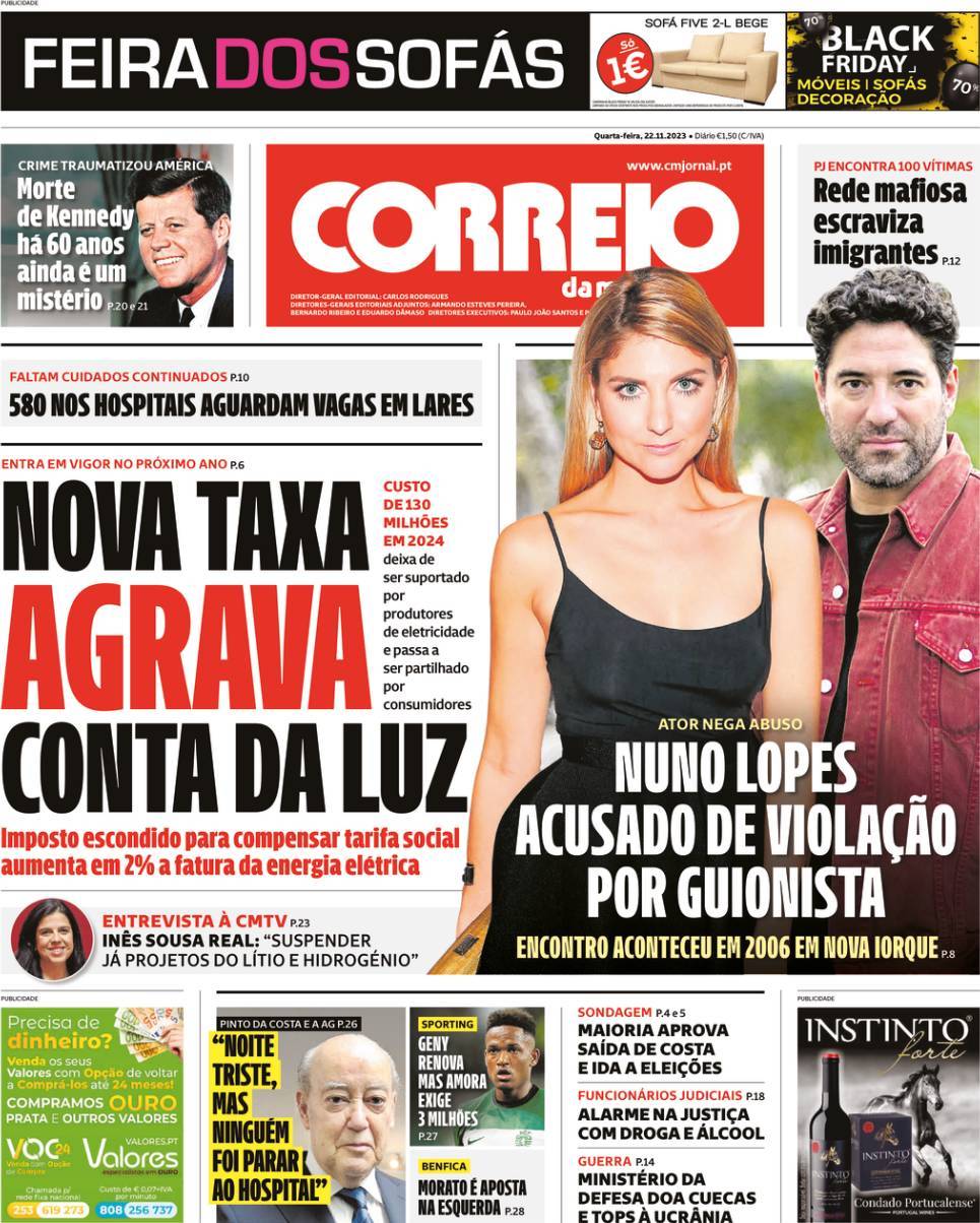Correio da Manh&atilde;: Capa da Edi&ccedil;&atilde;o de quarta-feira, 22 de novembro 2023