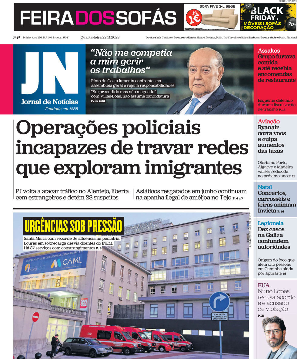Jornal de Not&iacute;cias: Capa da Edi&ccedil;&atilde;o de quarta-feira, 22 de novembro 2023
