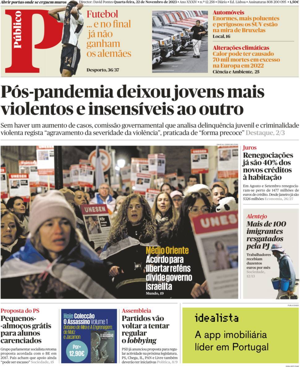P&uacute;blico: Capa da Edi&ccedil;&atilde;o de quarta-feira, 22 de novembro 2023