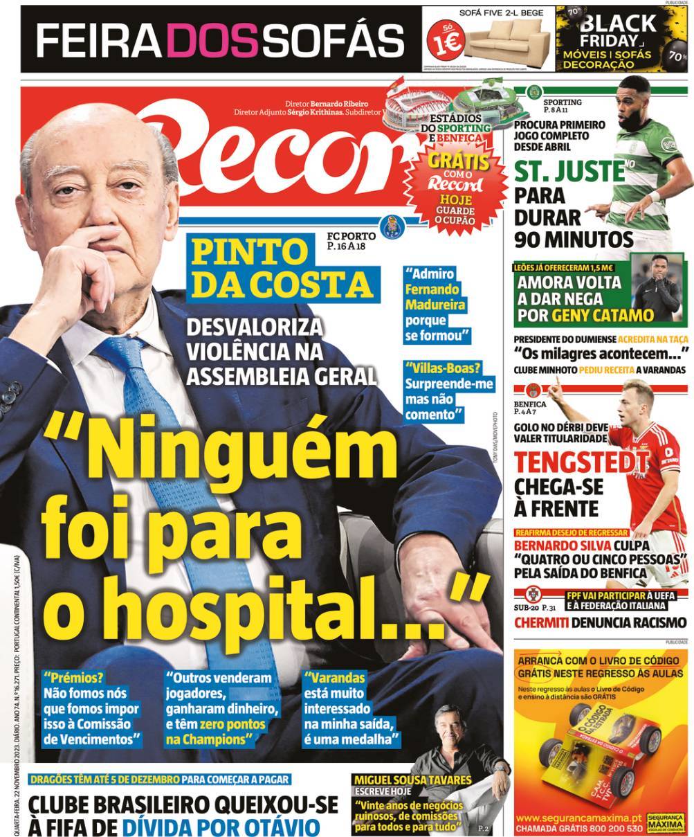 Record: Capa da Edi&ccedil;&atilde;o de quarta-feira, 22 de novembro 2023