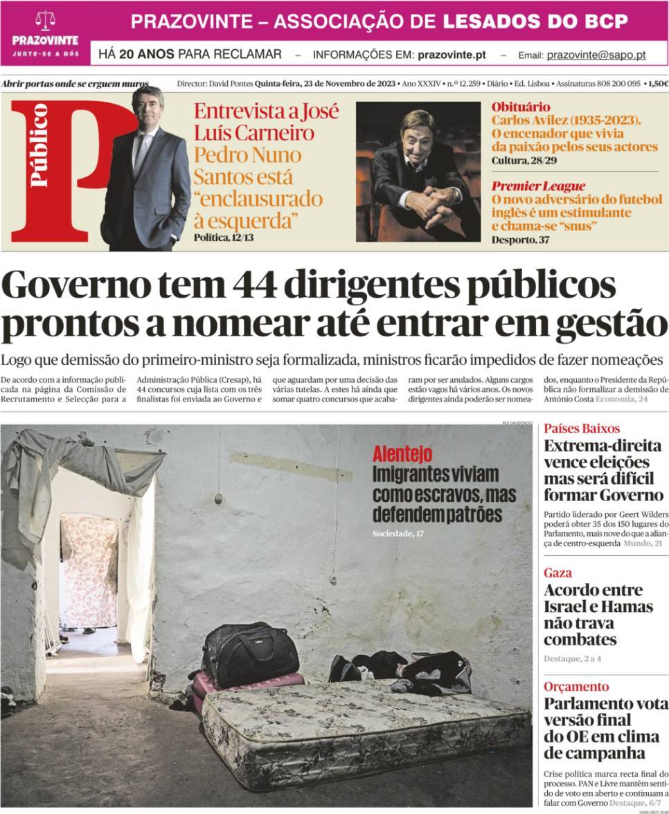 P&uacute;blico: Capa da Edi&ccedil;&atilde;o de quinta-feira, 23 de novembro 2023