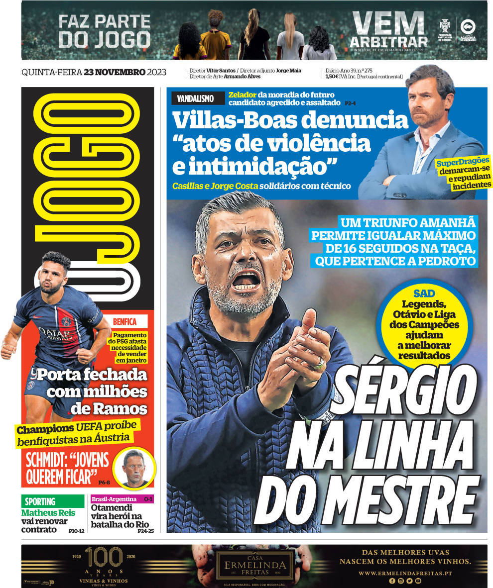 O Jogo: Capa da Edi&ccedil;&atilde;o de quinta-feira, 23 de novembro 2023