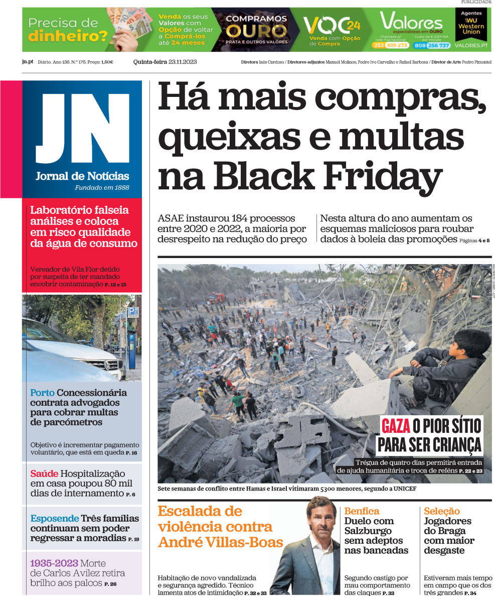 Jornal de Not&iacute;cias: Capa da Edi&ccedil;&atilde;o de quinta-feira, 23 de novembro 2023