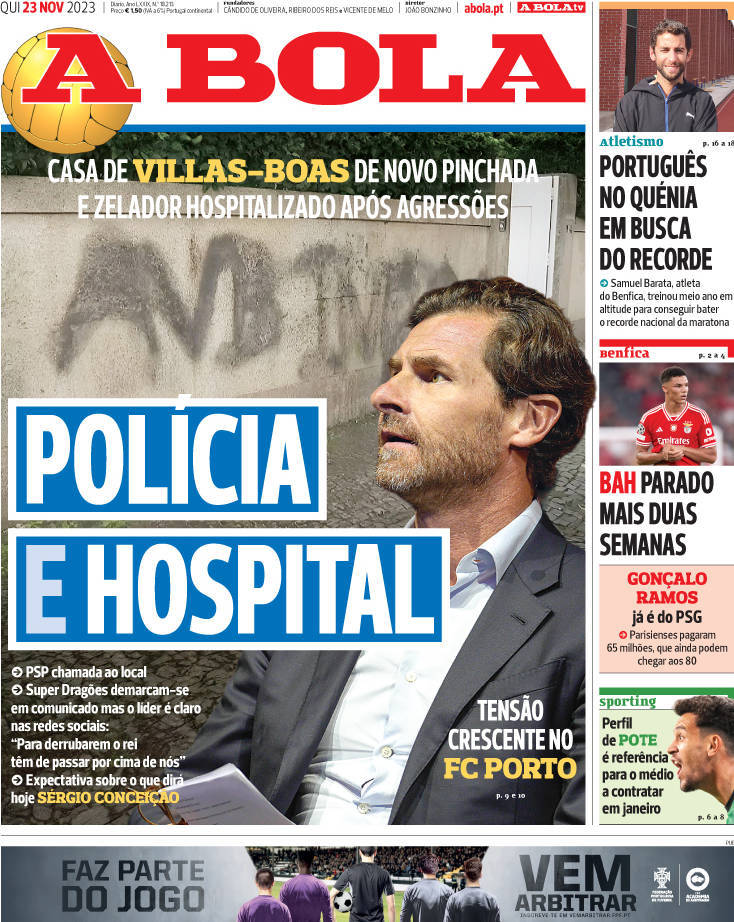 A Bola: Capa da Edi&ccedil;&atilde;o de quinta-feira, 23 de novembro 2023